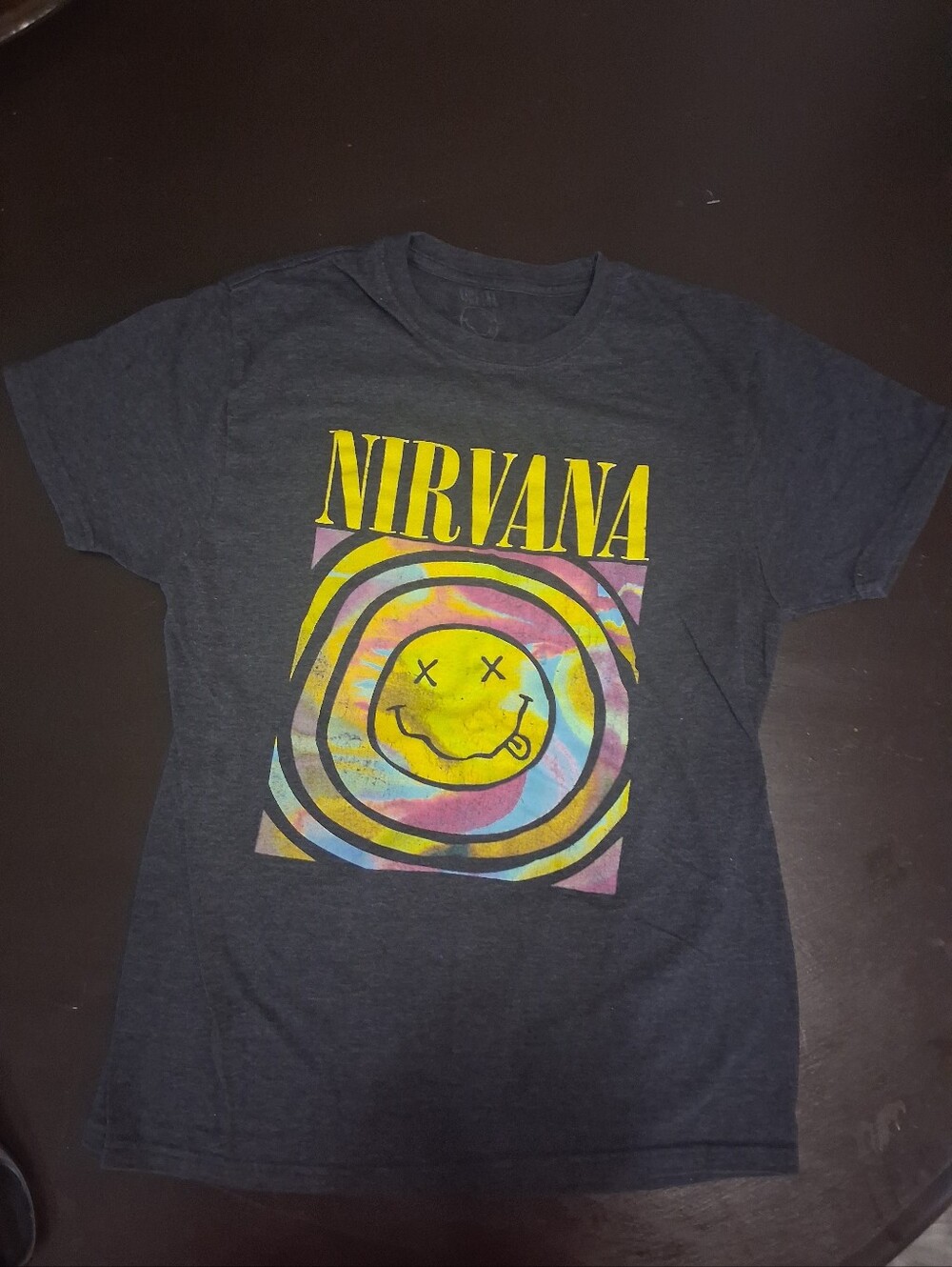 NIRVANA Kids' Dark Gray Tee with Yellow & Tie-Dye Smiley Graphic